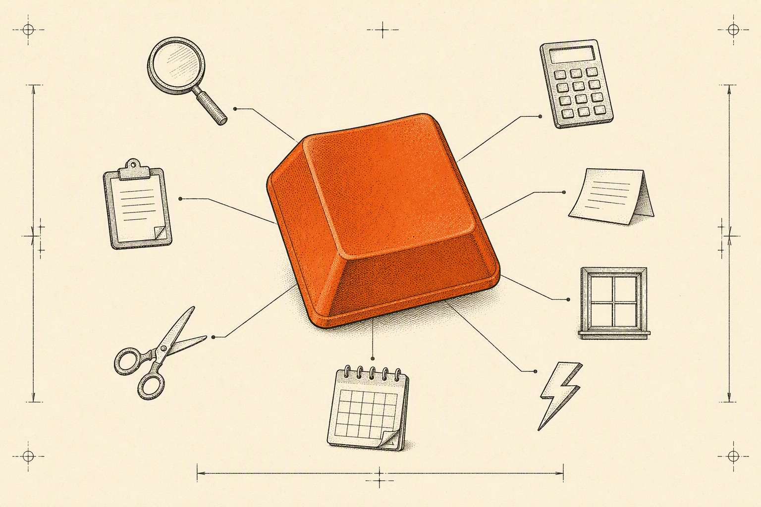 Risograph-style illustration: one oversized orange keycap on cream paper, with thin ink lines fanning out to small icons for search, arithmetic, clipboard, notes, windows, snippets, calendar and actions.